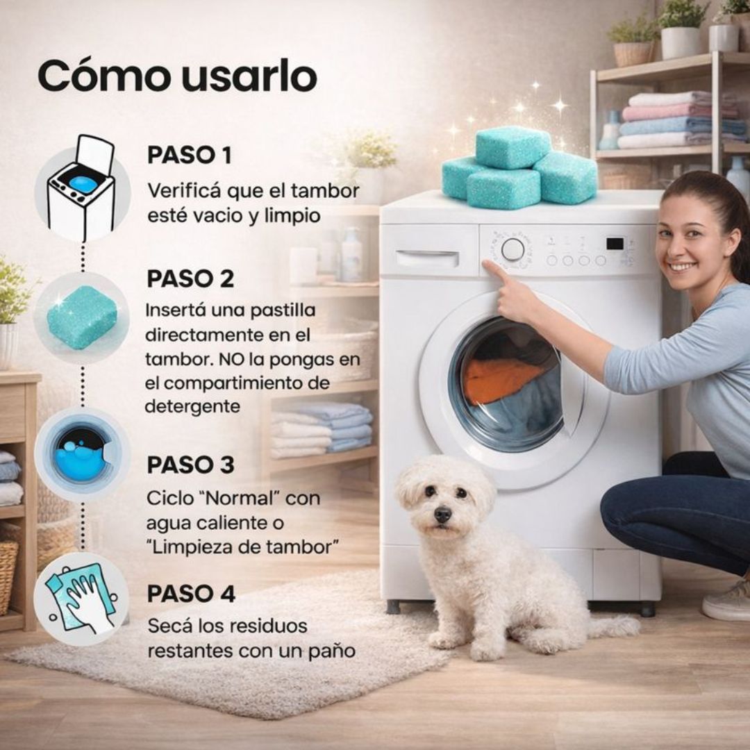 Pastillas Limpieza De Lavadora Mas Allá De La Superficie - PACK X12 unidades. Elimina hongos, sarro y restaura tu lavadora